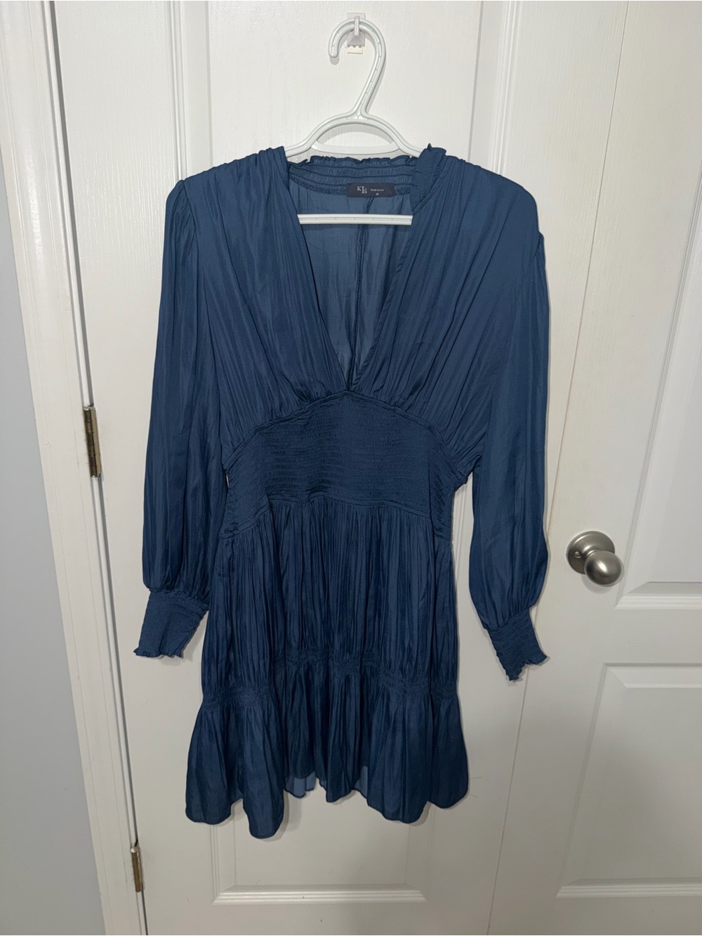 Smocked Waist Navy Long Sleeve Dress
